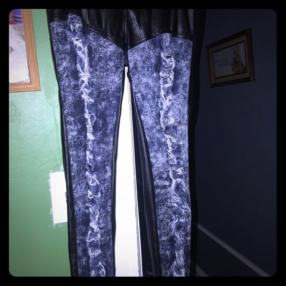 Faux leather distressed jeans